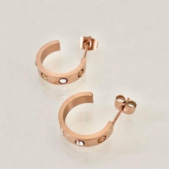 Rose Gold Small Screw Zirconia Hoops - Picture 5 of 8